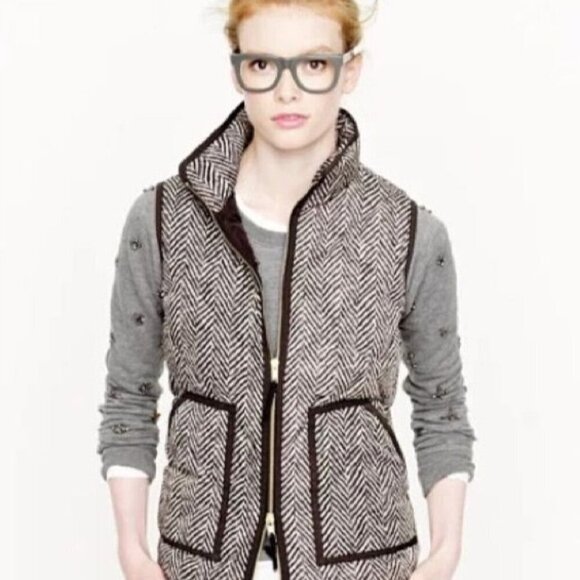 J. Crew Down Quilted Puffer Vest Herringbone Black White Preppy Fall Women's S - Picture 1 of 9